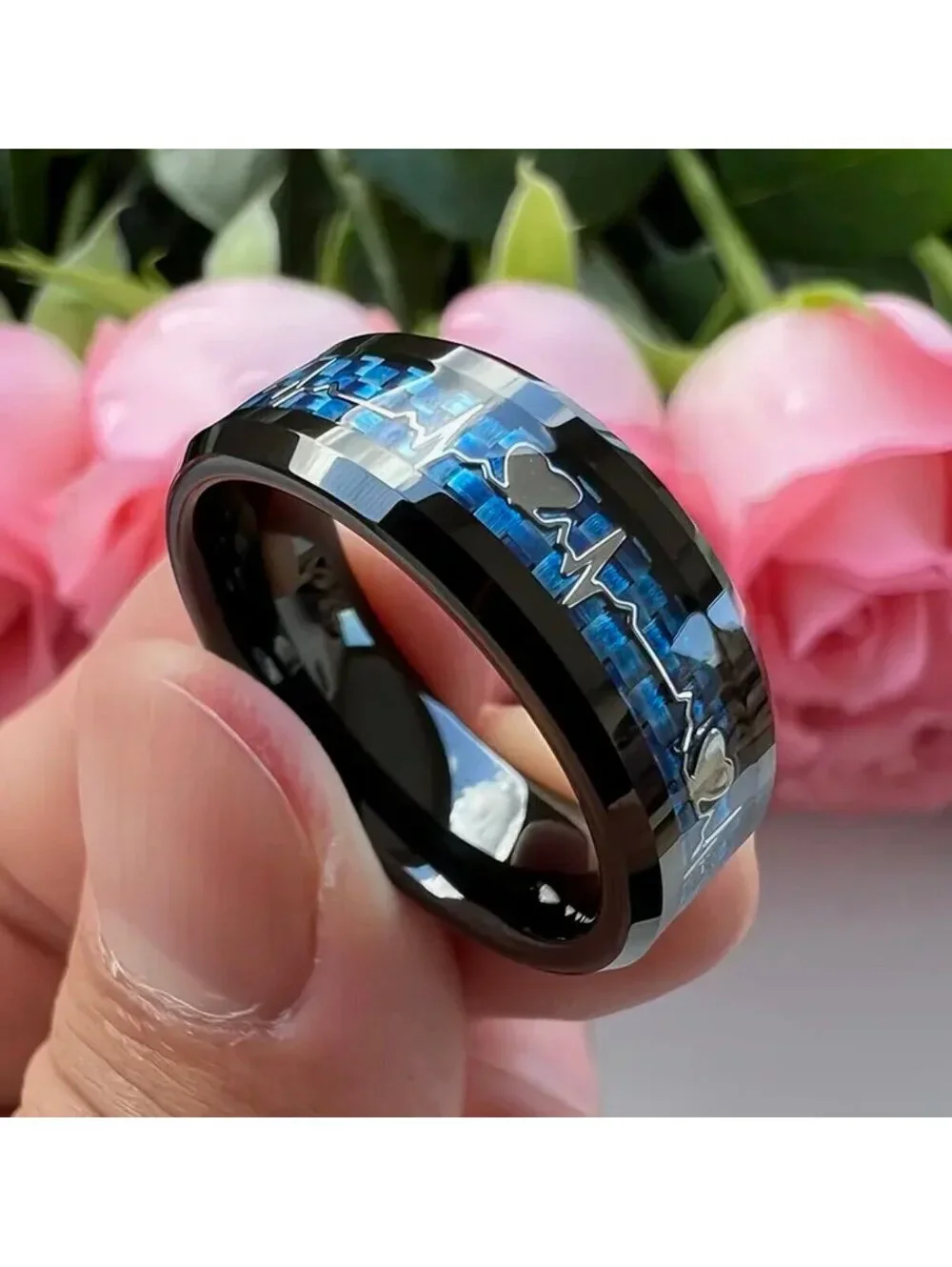 New - Stylish Stainless Steel 8mm Ring with Heartbeat Design - Size 10